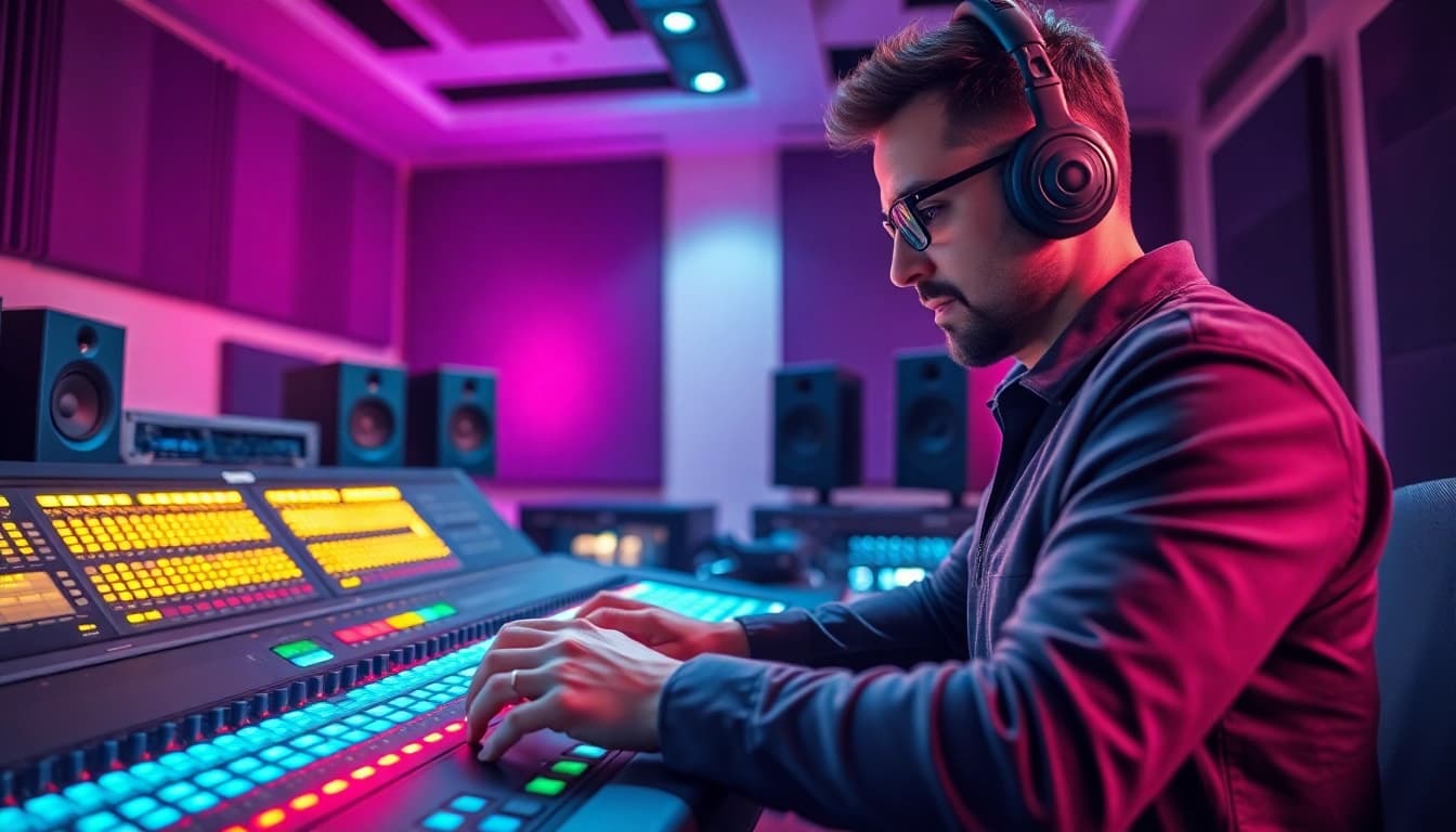 Engaging professional providing online mastering services with advanced audio tools in a vibrant studio.