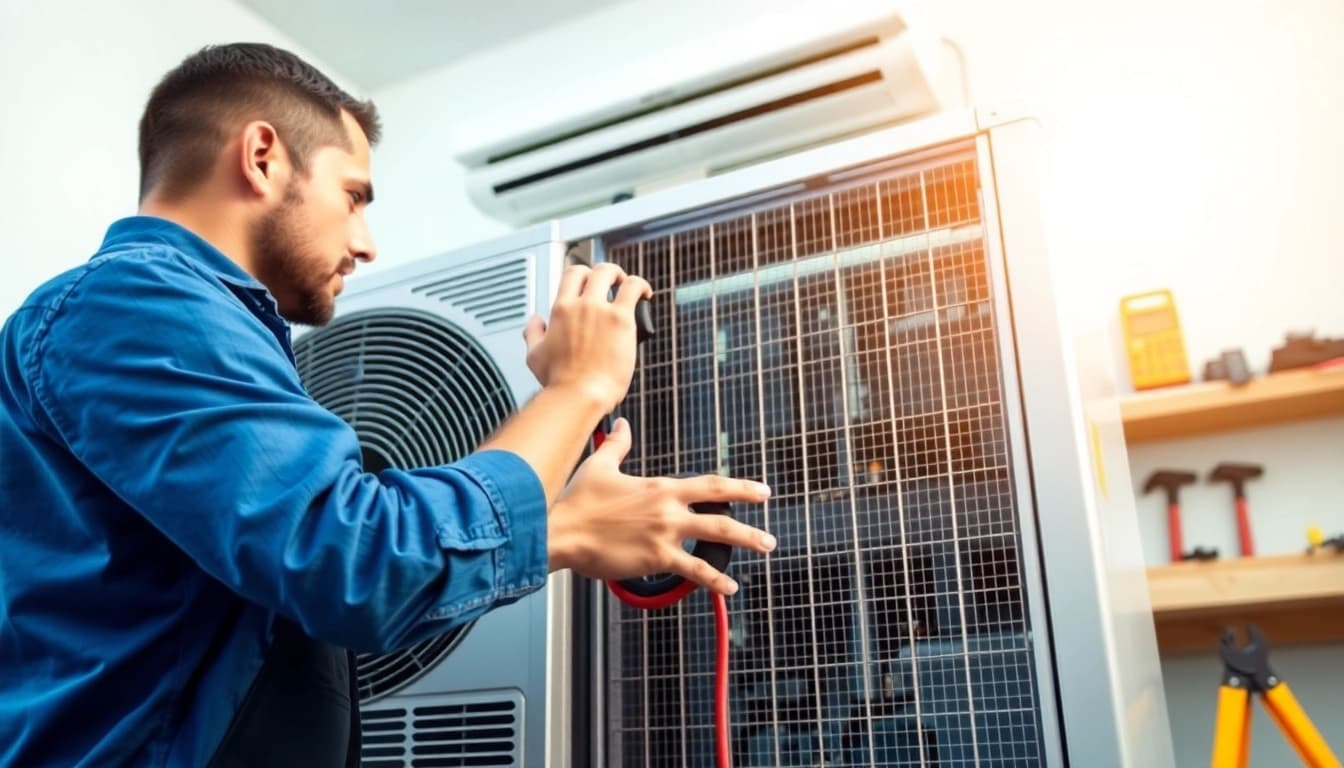 Technician performing Air Conditioning Repair Tampa in a well-lit home setting