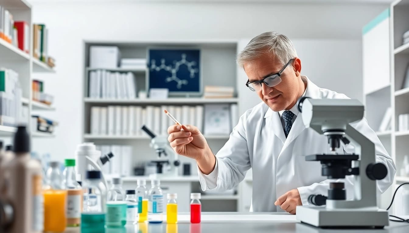 Analyzing Peptides in a professional laboratory with a scientist and lab equipment.