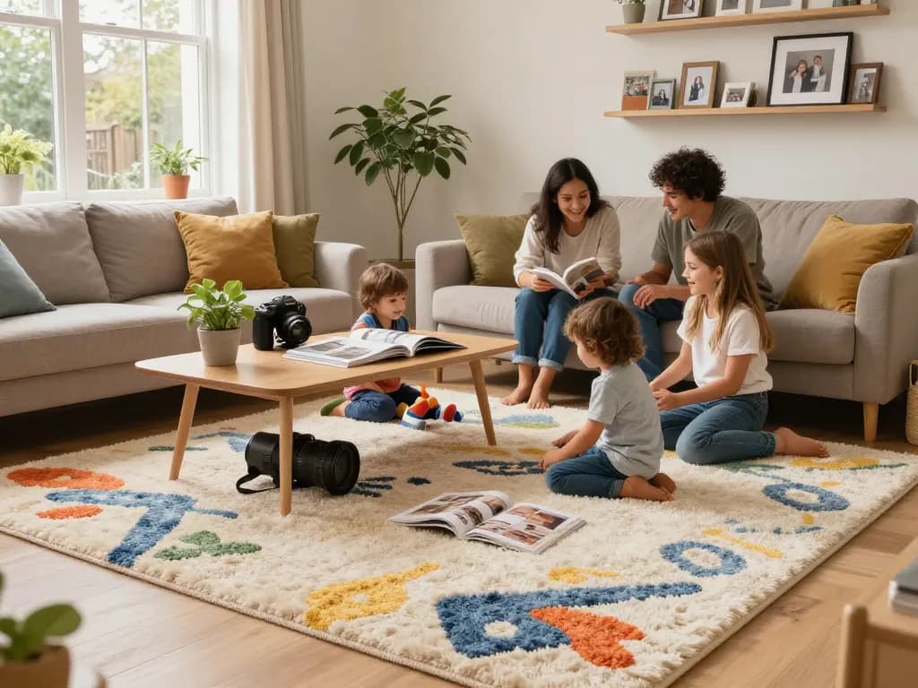 Affordable carpets London enhancing a cozy family living room with children playing.
