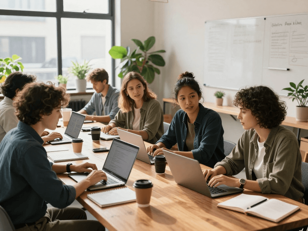 Solo traders collaborating in a vibrant coworking space, fostering creativity.