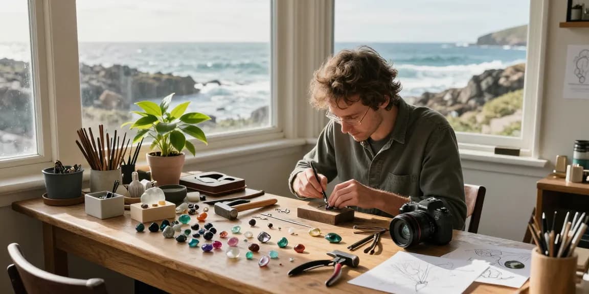 Artisan jeweler creating sustainable jewellery uk in a sunlit coastal workshop.