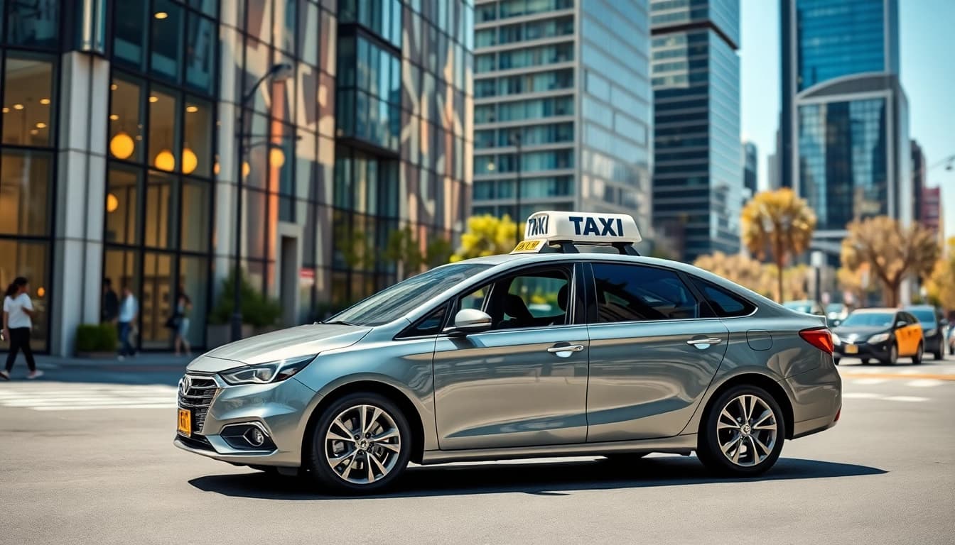 Taxi parked in a vibrant cityscape, highlighting its modern design and urban energy.