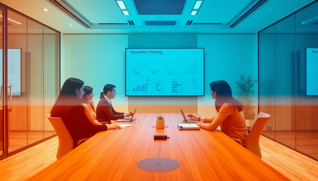 Visual representation of a team engaging in Acquisition Planning discussions with data-driven charts.