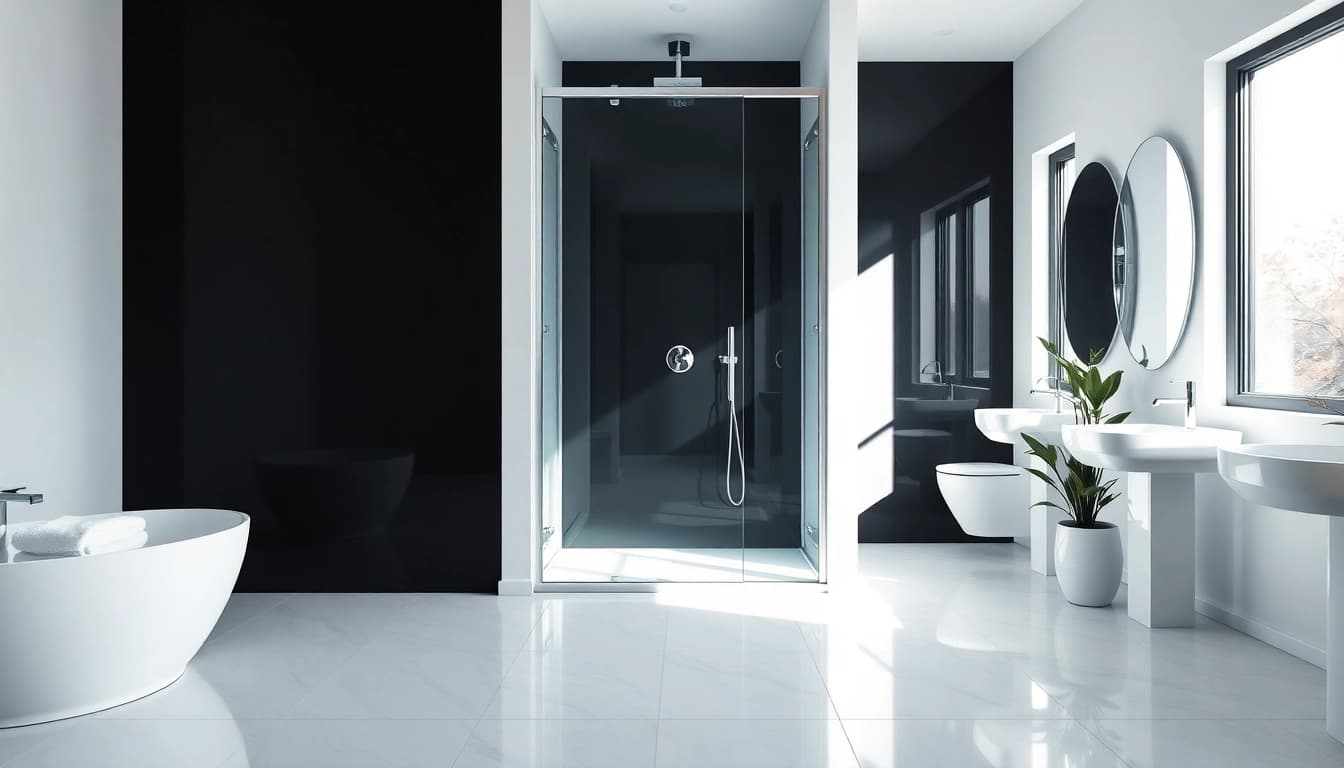 Enhance your bathroom's elegance with a stylish black shower door that exudes modern sophistication.