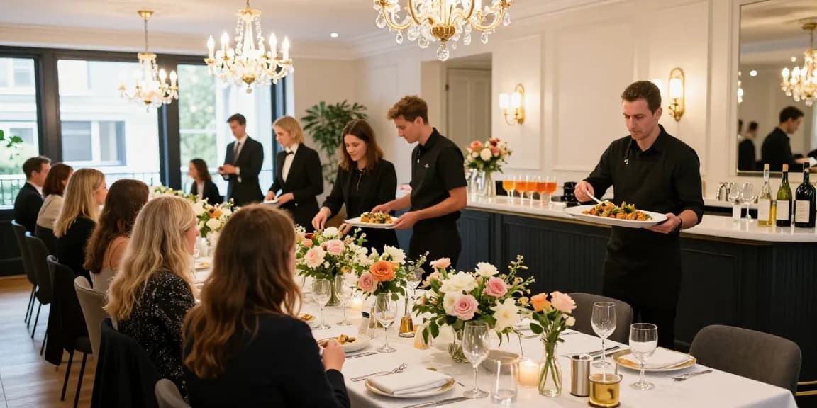 Catering Hire London elegant event setup with exquisite tableware and catering team preparing gourmet dishes.