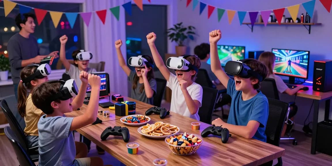 Exciting boys birthday party with gaming consoles, VR headsets, and kids cheering