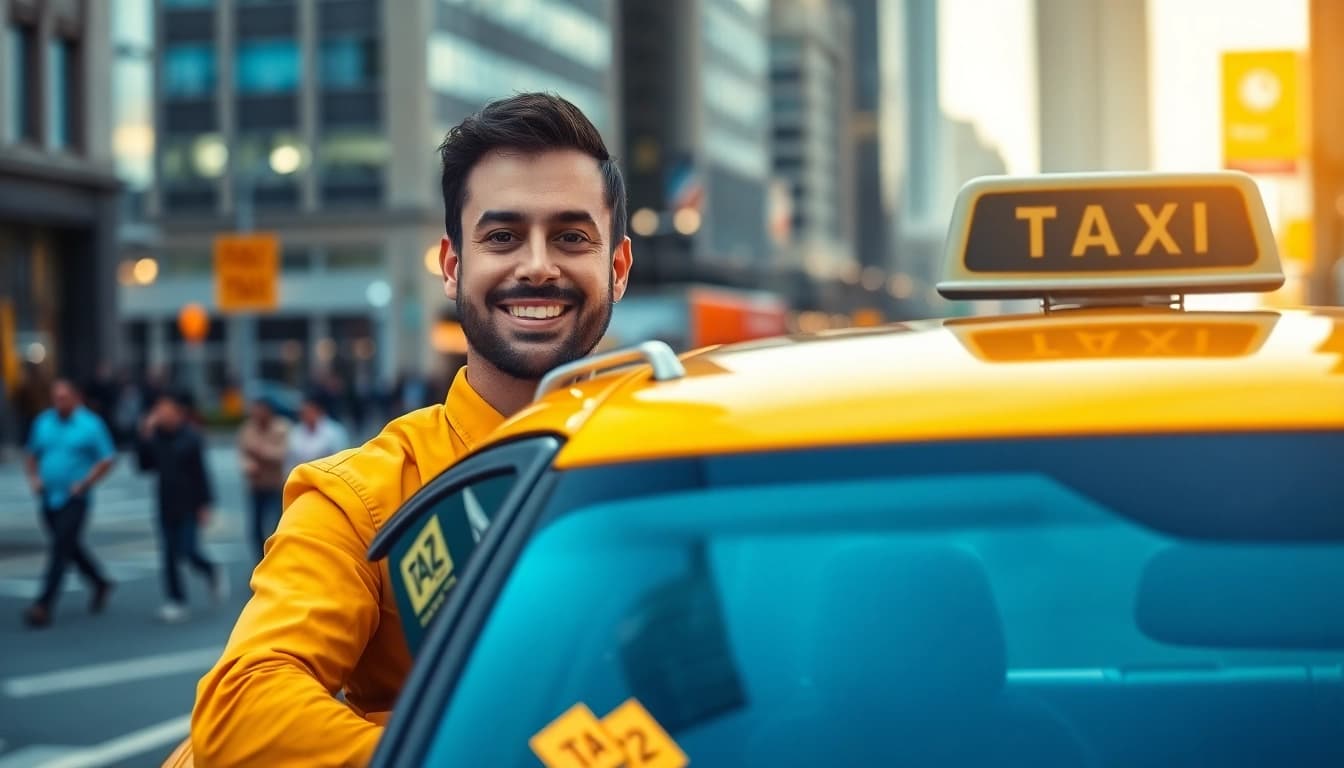 Taxi driver smiling next to a bright yellow taxi in a busy city setting.