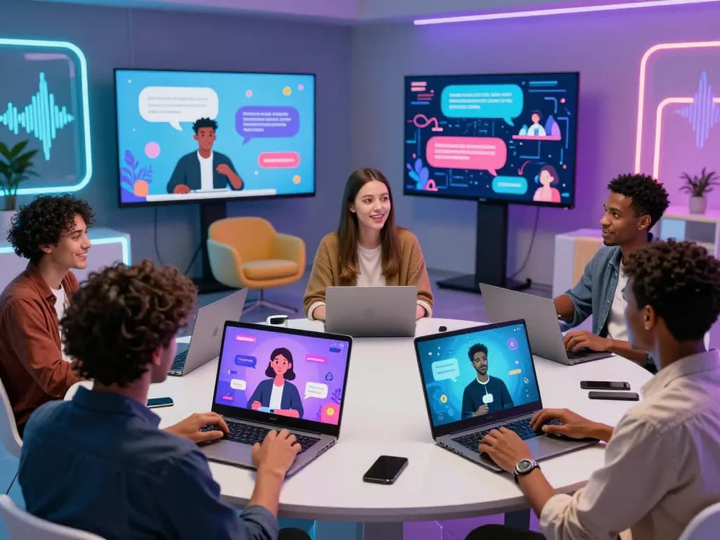 Users engaging in interactive crush on ai chat with diverse AI characters in a vibrant tech environment.