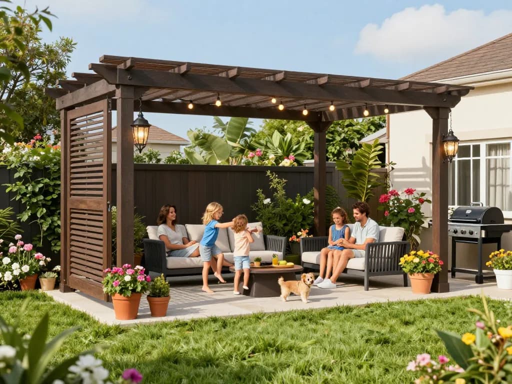 Family enjoying their new pergola designed with a pergola configurator, showcasing beautiful outdoor living.