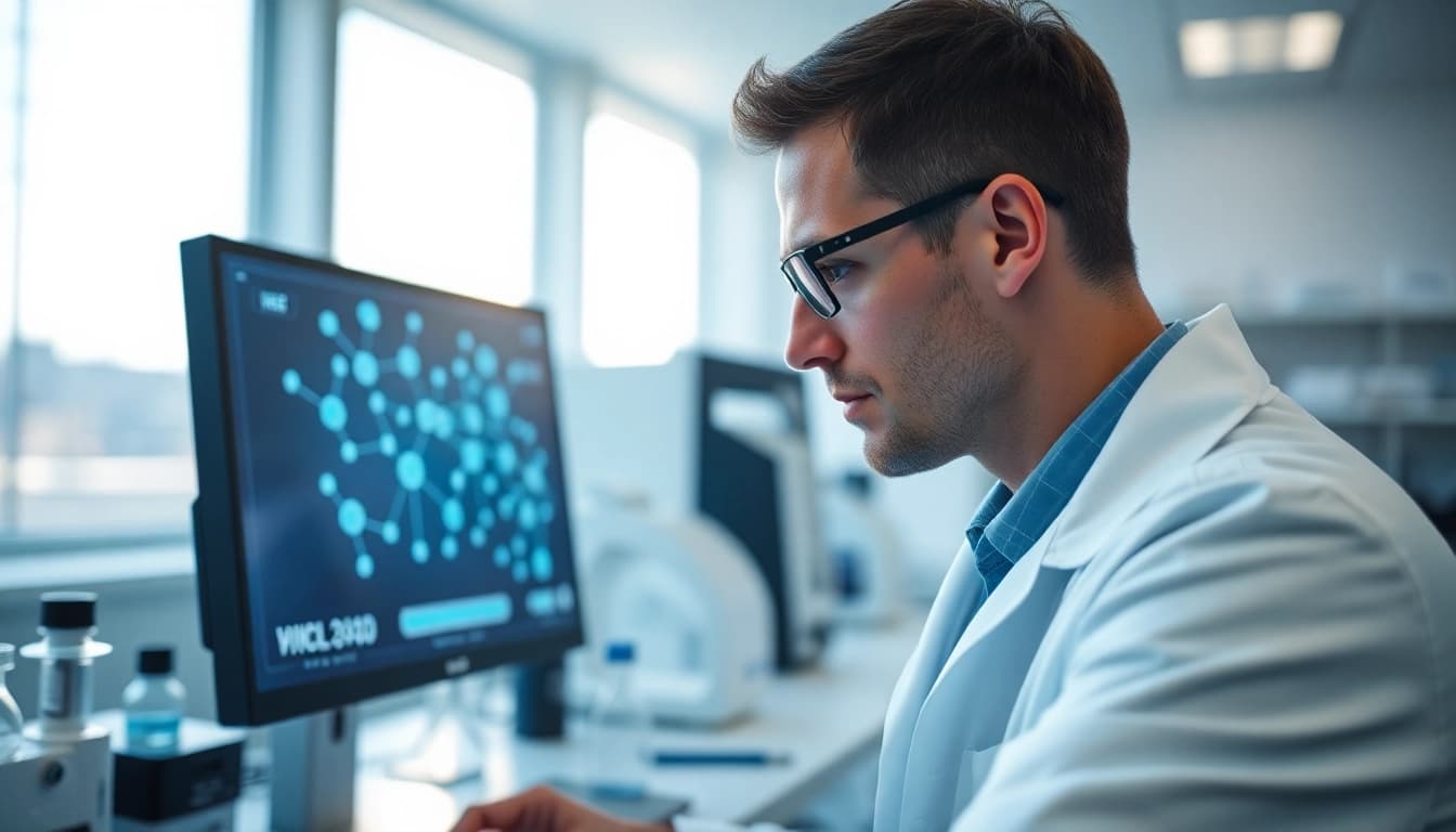 Analyze Retatrutide molecular structures in a bright laboratory by a focused scientist.