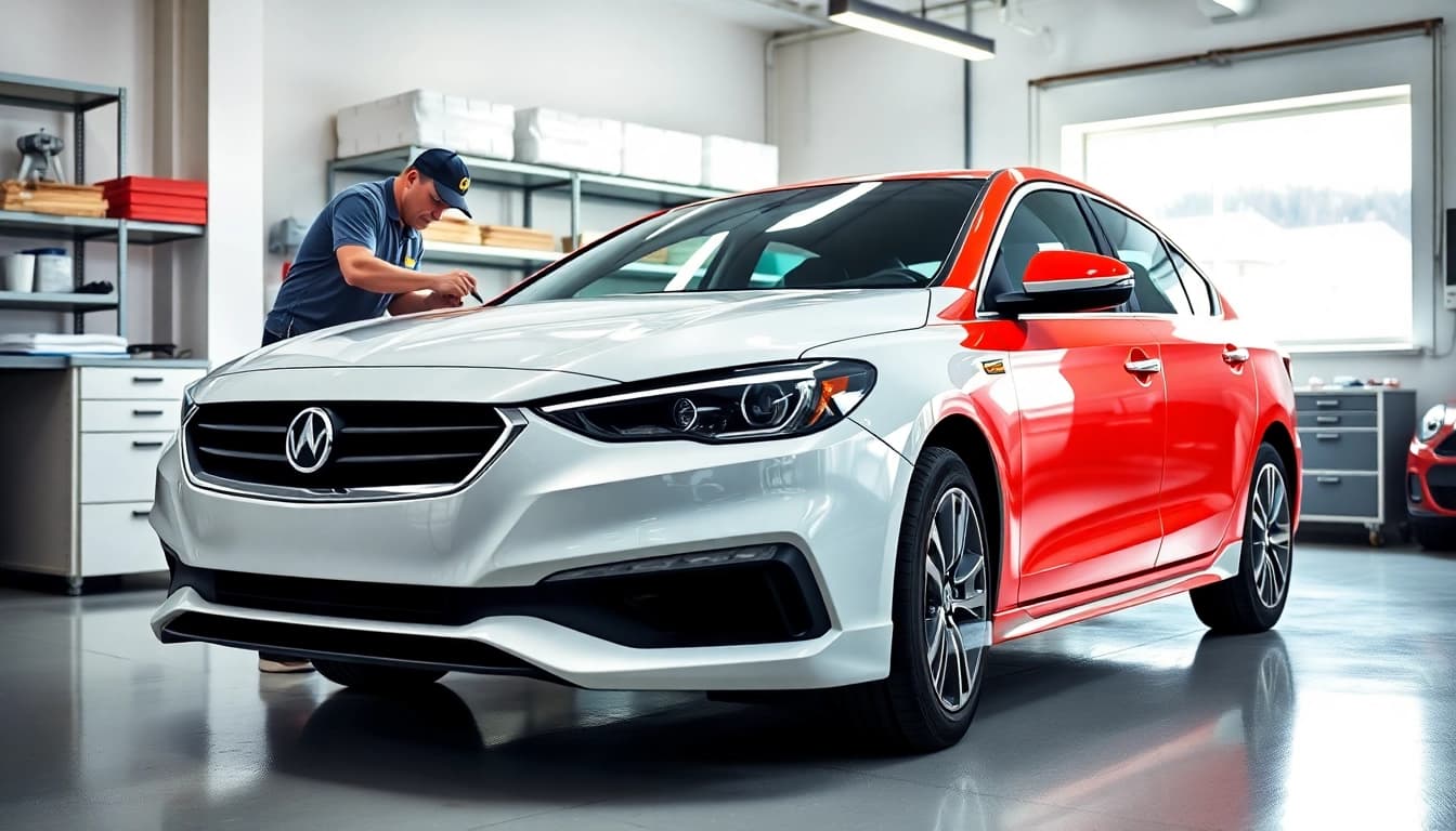 Enhance your car's shine with PPF Chattanooga, featuring a technician applying protective film.