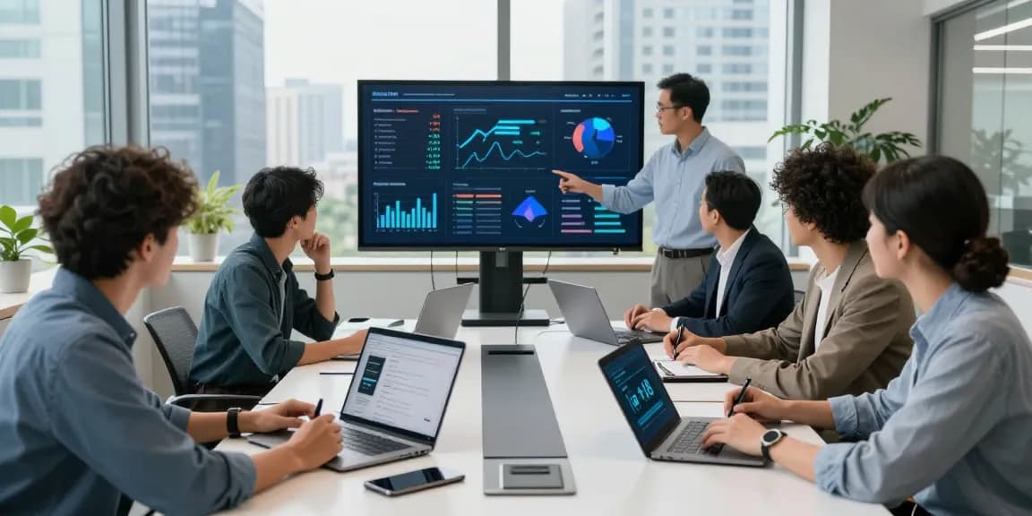 A diverse group of professionals collaborating in a bright office environment focusing on AI projects related to ia +18, showcasing modern technology and teamwork.