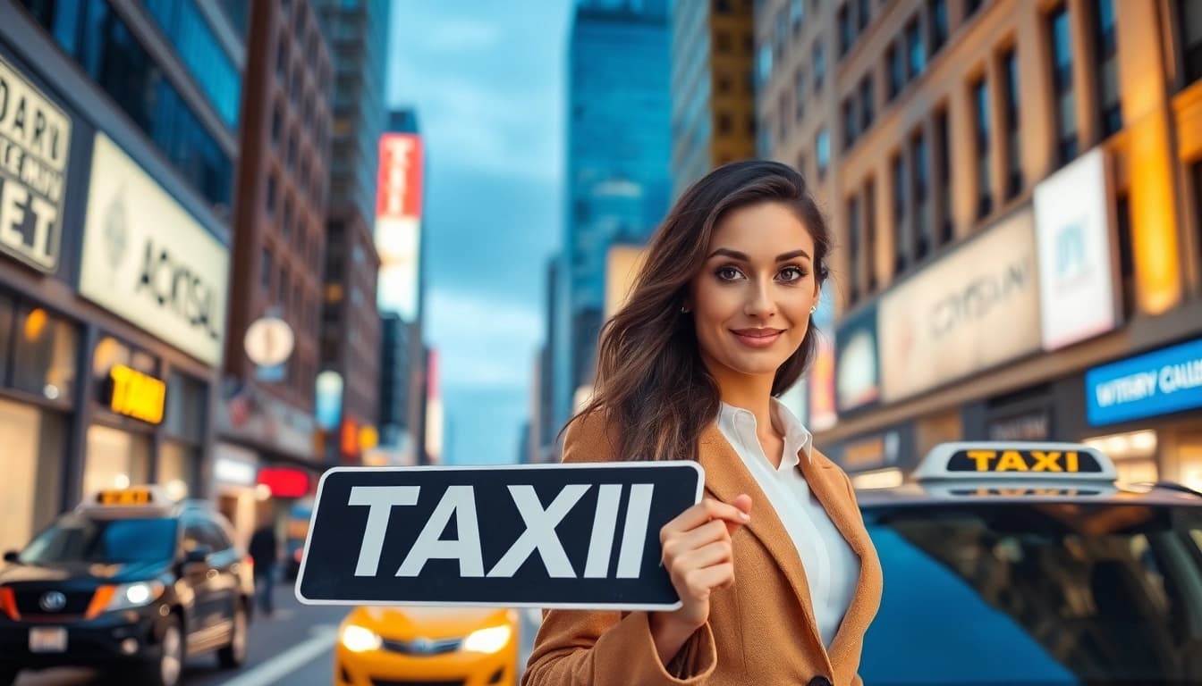 Taxi service model enthusiastically signaling for a ride in an urban environment.