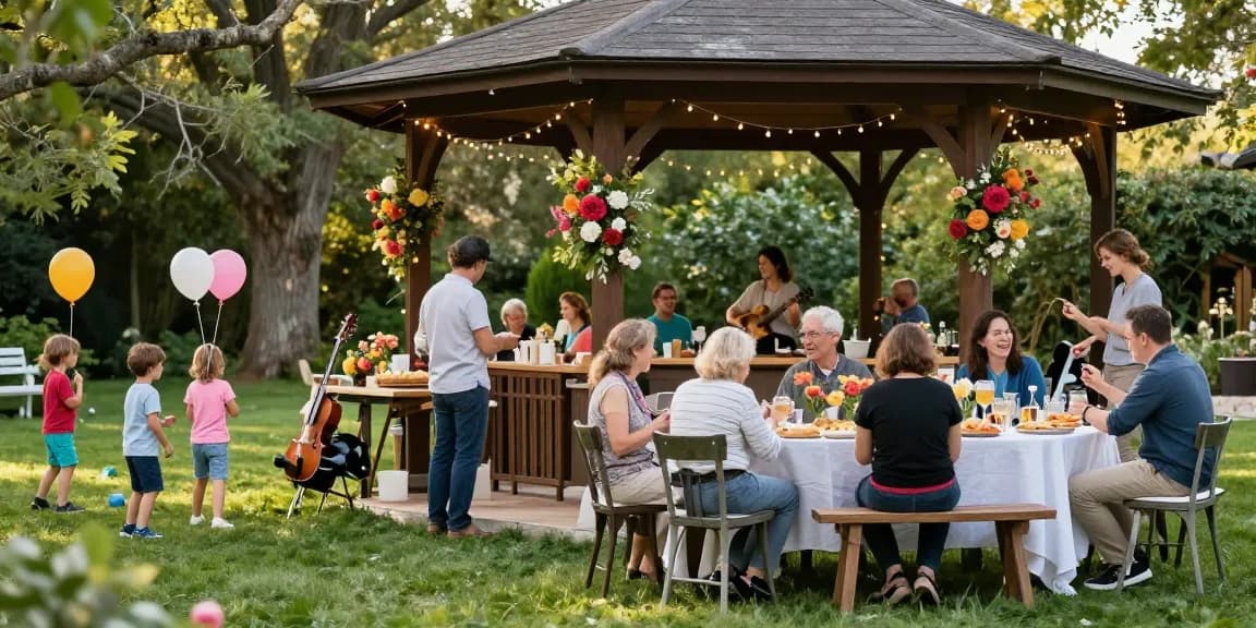 Outdoor party setup with gazebo and guests enjoying the event at https://www.gazebohirelondon.co.uk/, showcasing vibrant decorations and joyful atmosphere.
