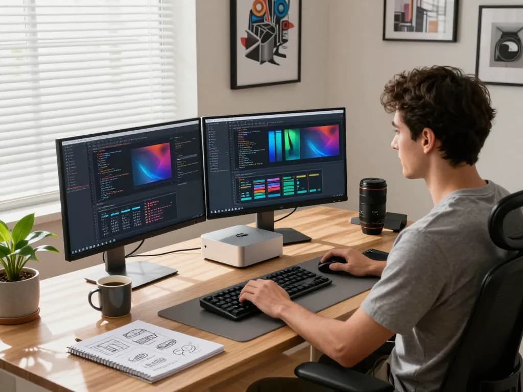 Professional workspace featuring a Mac Mini on a stylish desk with dual monitors, coding interfaces, and ambient lighting.