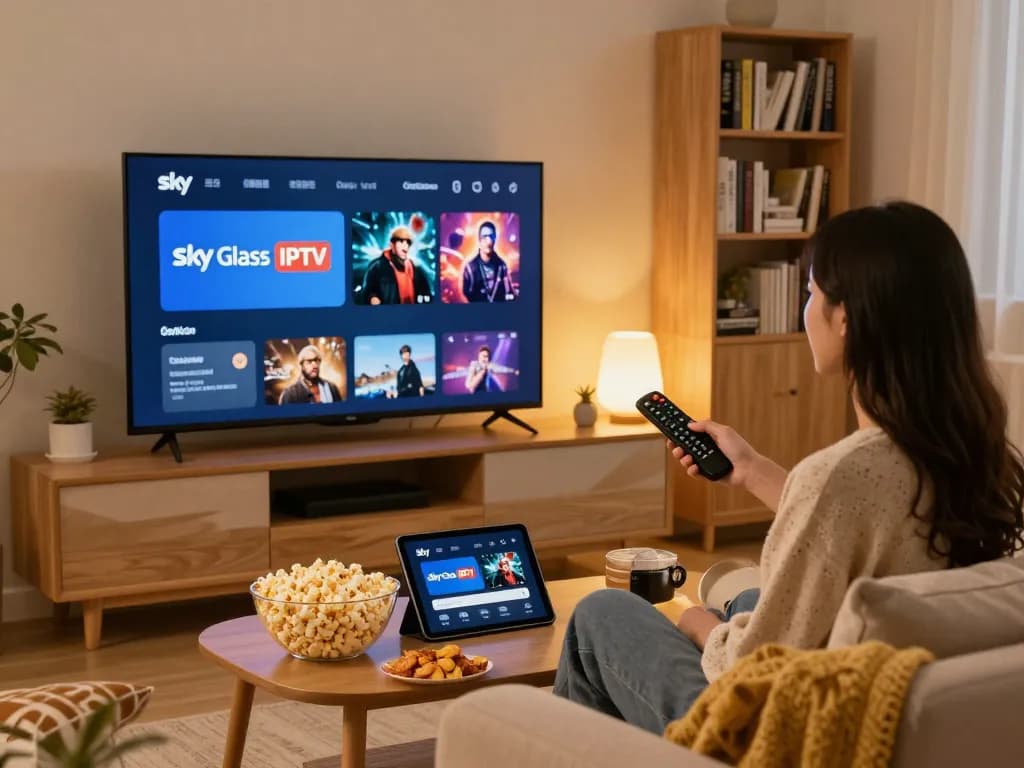 Sky Glass IPTV installation Guide showcasing a user enjoying streaming in a cozy living room.