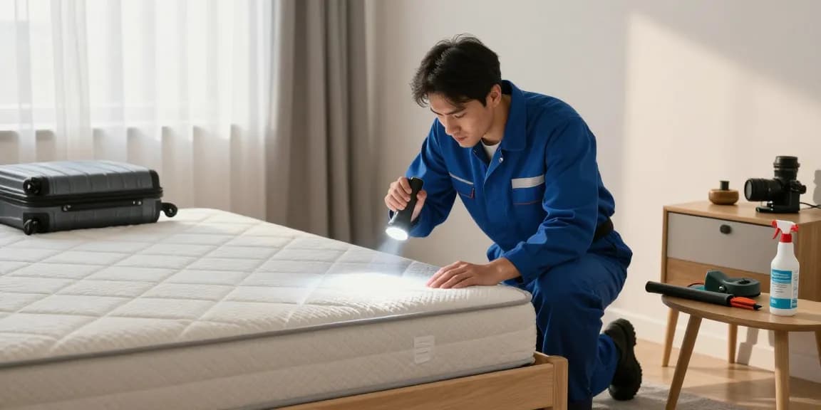 Bed bug exterminator inspecting a mattress for signs of infestation in a bright bedroom.