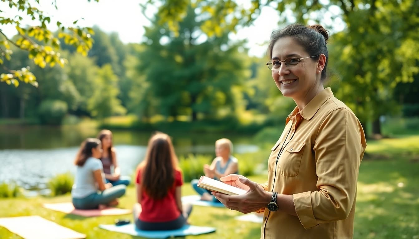 Meditation session promoting mental wellness in a serene outdoor environment.