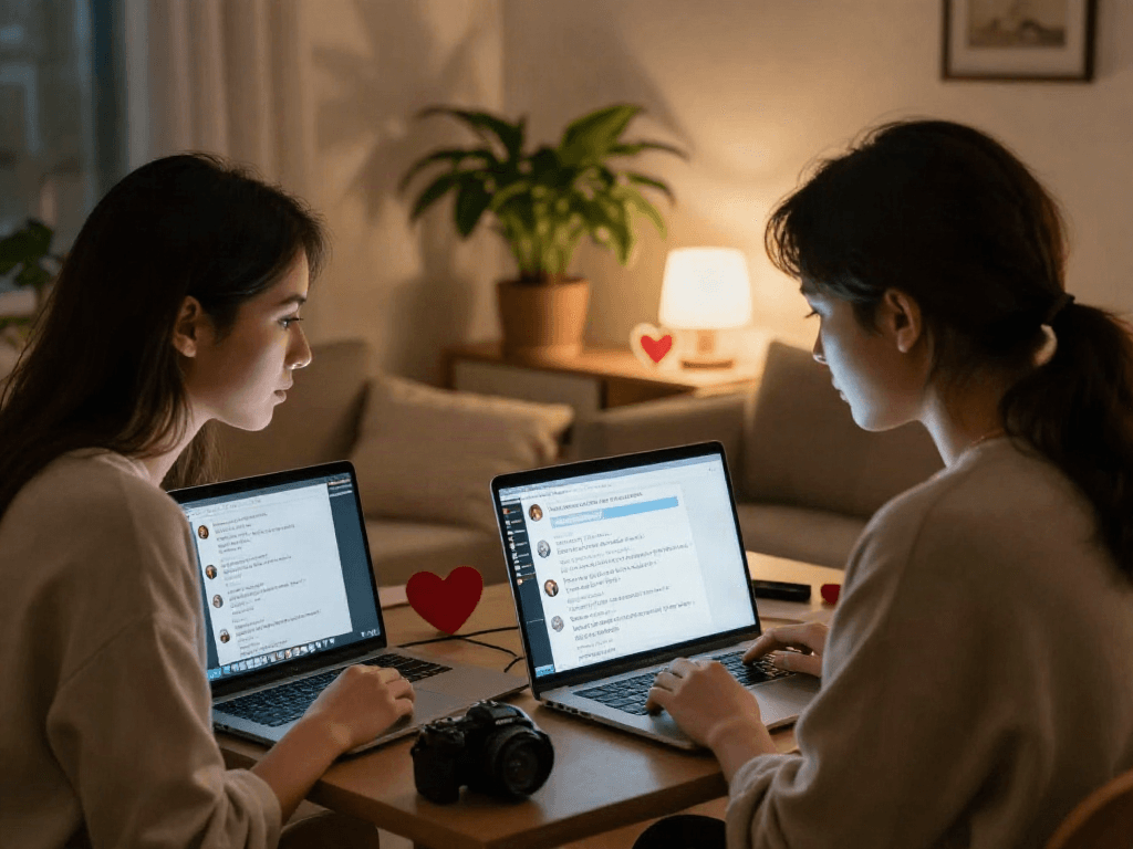 Engaging AI chat porn scene with couple in intimate digital conversation.