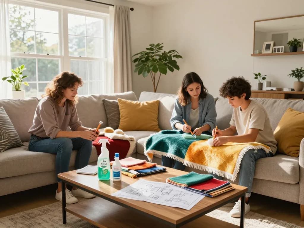 Refreshing home improvement scene featuring a family cleaning upholstery with eco-friendly products, highlighting Home improvement blogs (UK).