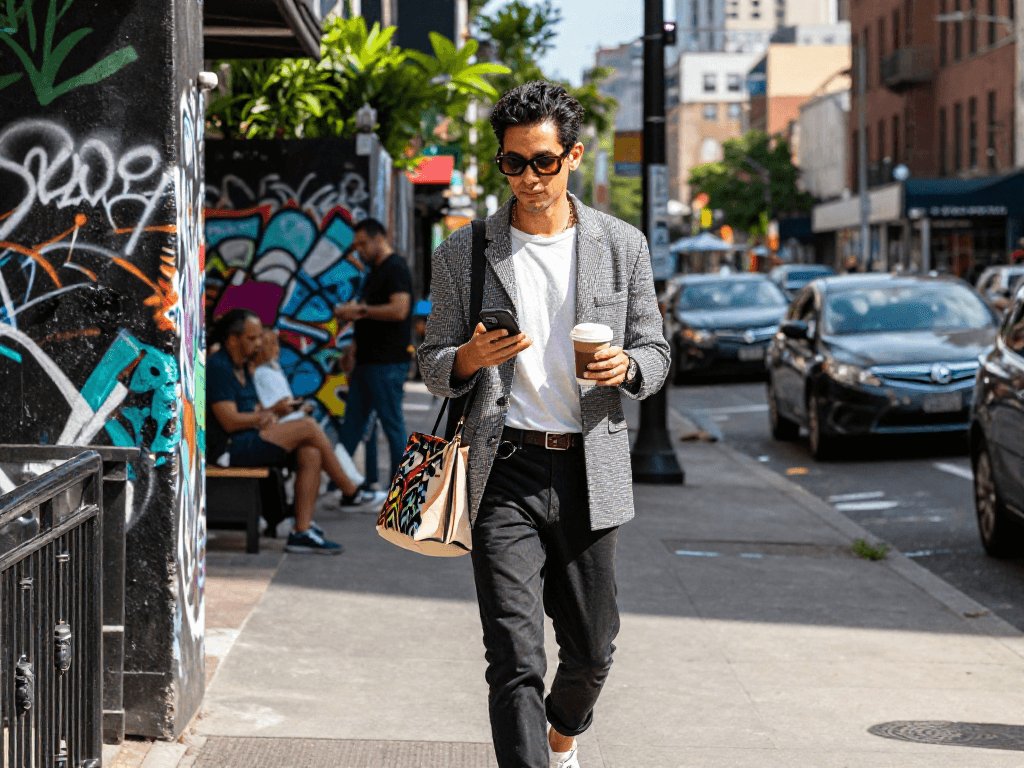 ai slut lifestyle image of a trendy individual stylishly walking in the city, showcasing modern urban fashion and energy.