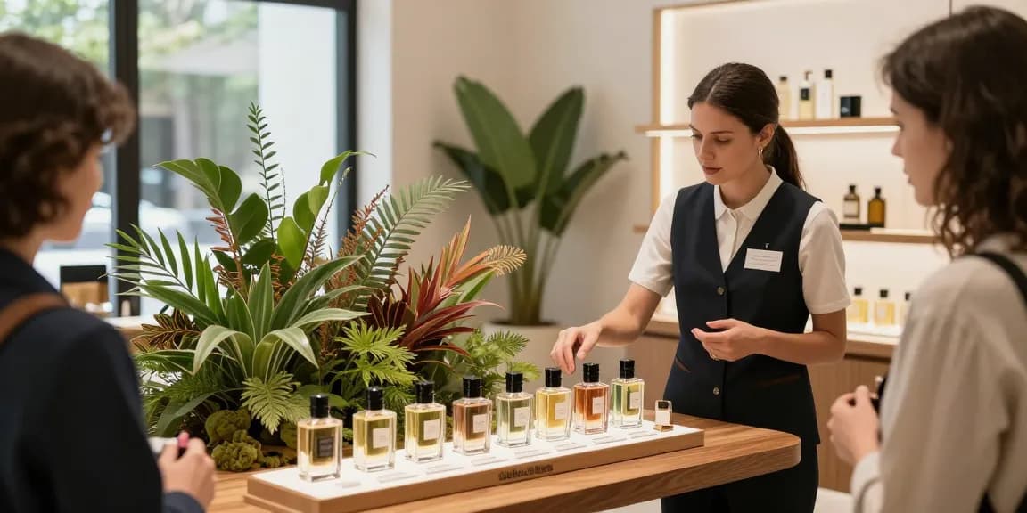 Goldfield & Banks luxurious fragrance display in a modern retail setting with botanicals and elegant décor.