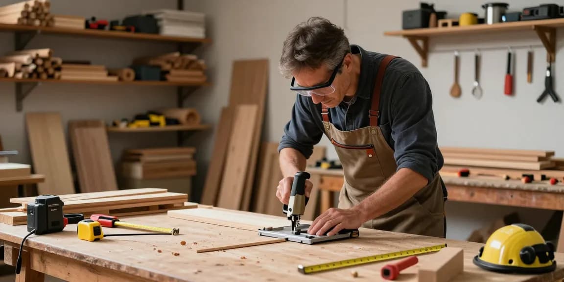Craftsman using a hand mitre saw in a well-equipped home workshop.