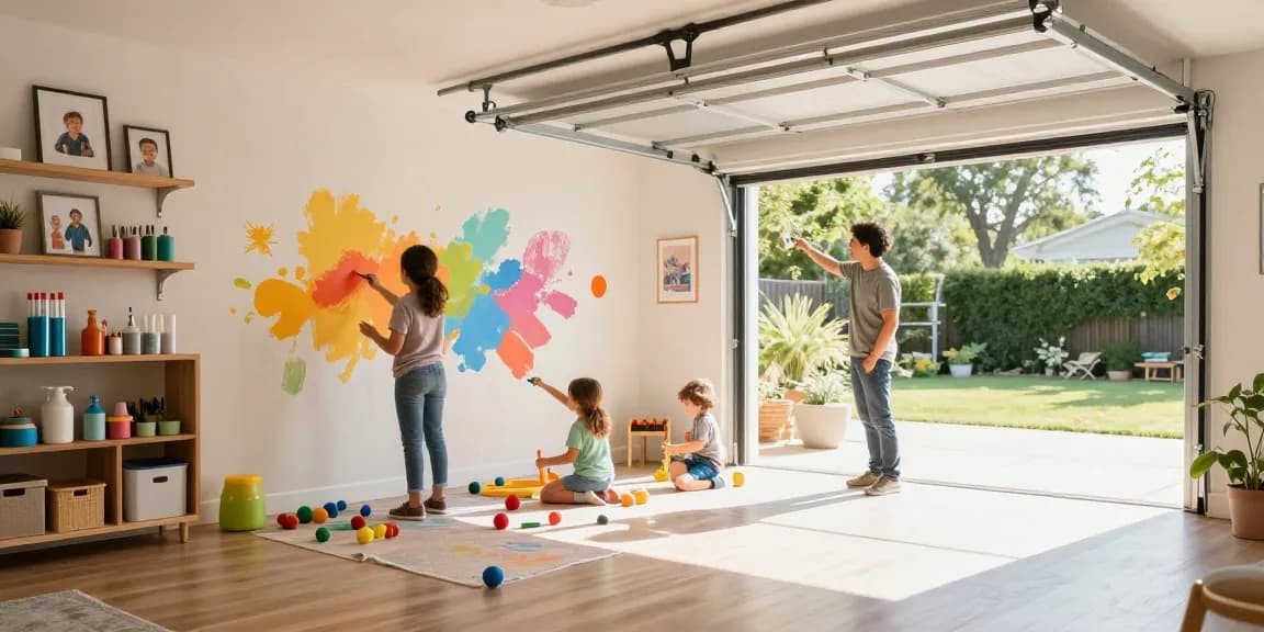 Garage conversions transforming a garage into a bright, modern playroom for families.