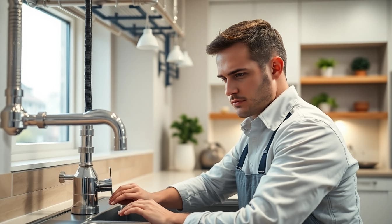 Find a skilled plumber near me fixing a kitchen sink in a bright, modern home.