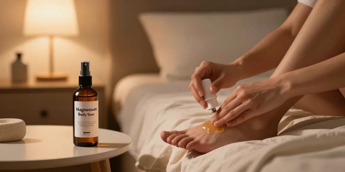 Relaxing application of Magnesium Body Spray in a calming bedroom setting.