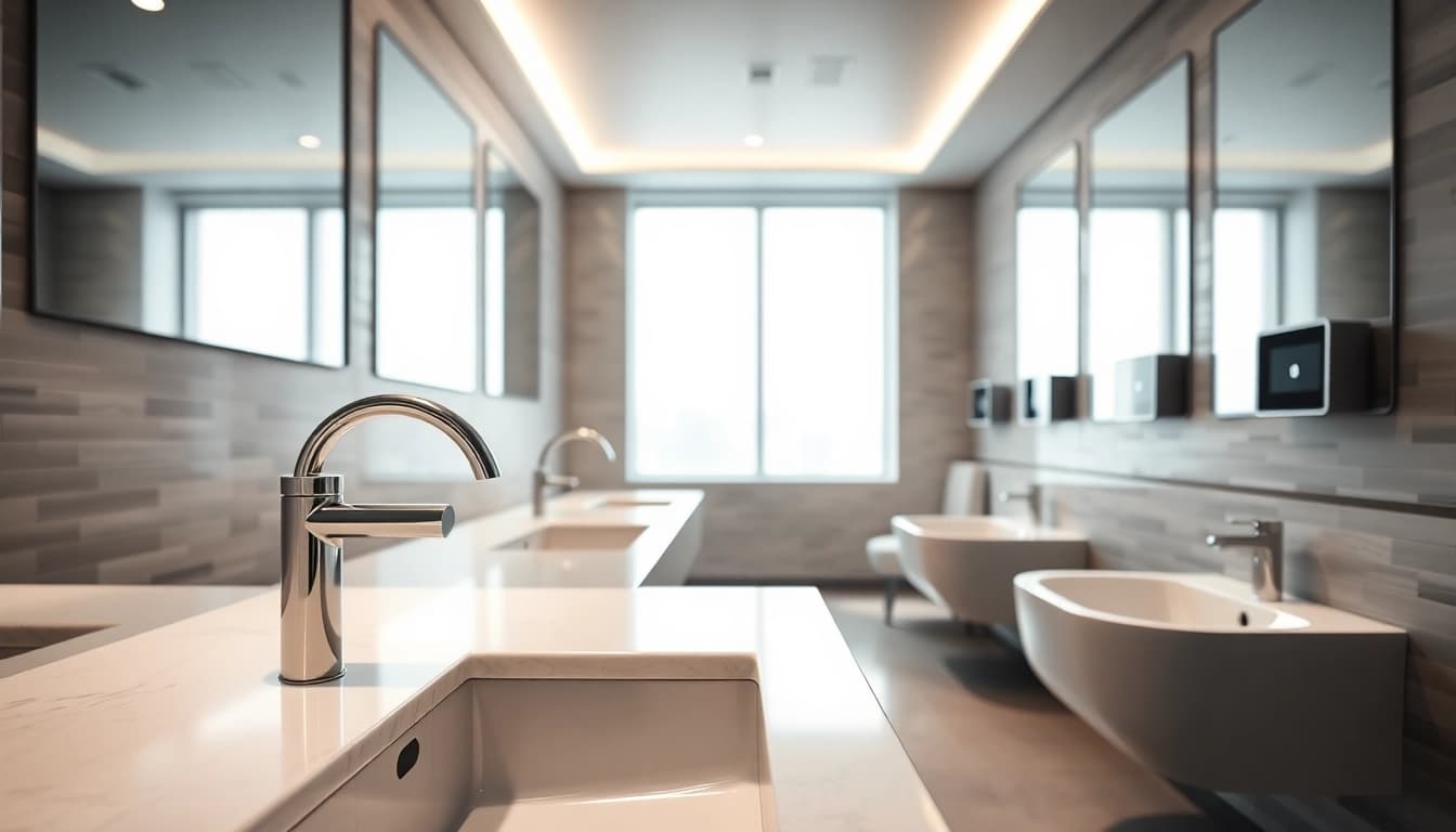 Elevated view of a modern commercial washroom refurbishment with sleek fixtures and inviting design.
