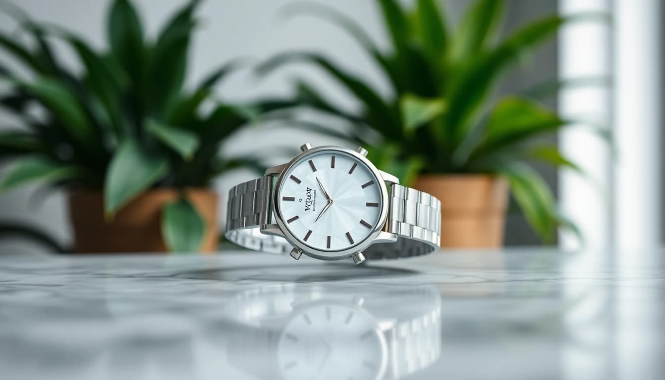 Admiring Ladies Classic Smart Watch resting on a marble countertop with elegant details.