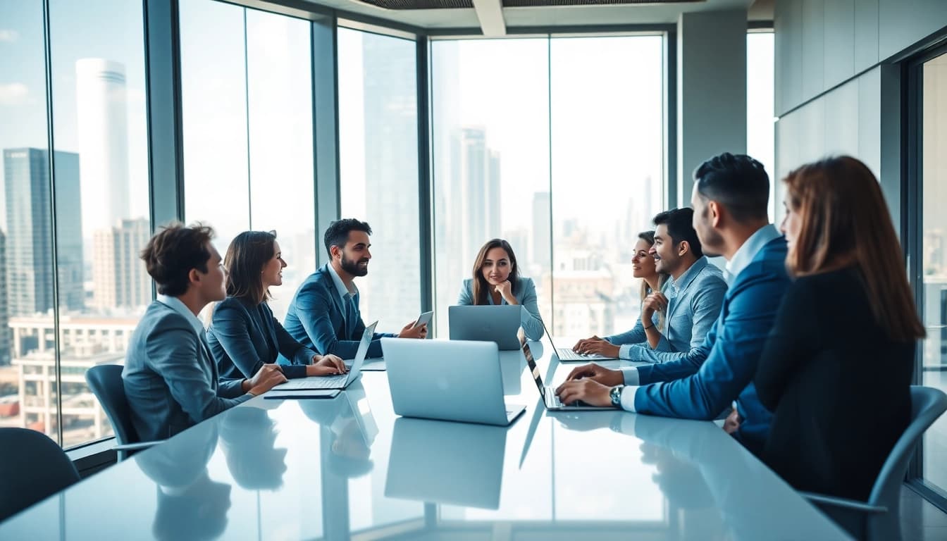 Business owners collaborating in a bright modern office, enhancing teamwork and productivity.