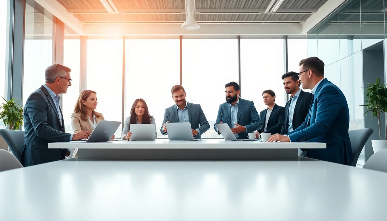 business owners engaging in a collaborative meeting in a bright, modern office.