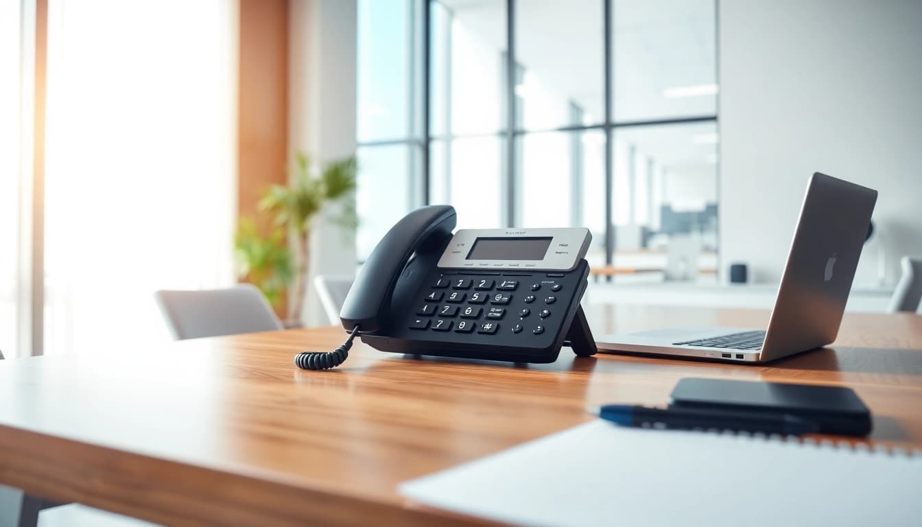 Enhance productivity with a sleek business phone in a modern office setting.