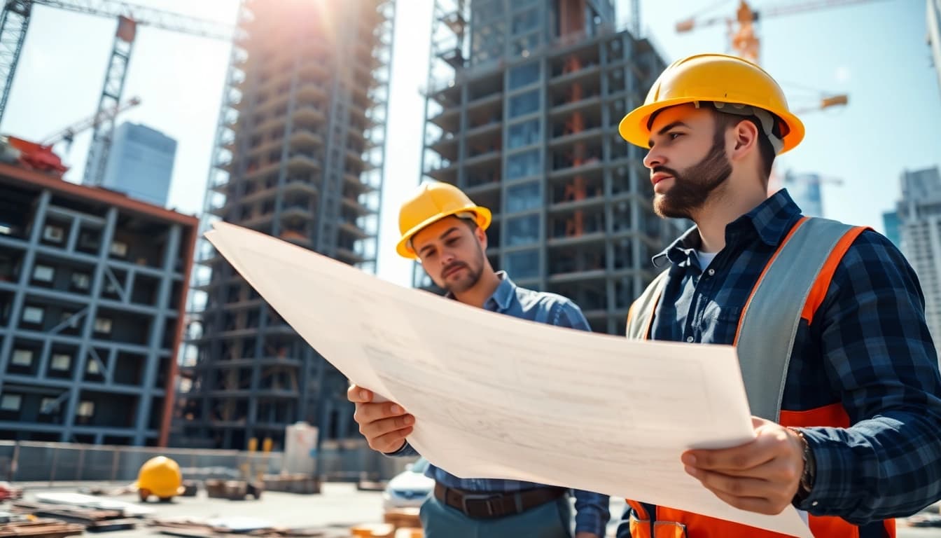 New York City General Contractor analyzing blueprints at a skyscraper construction site.