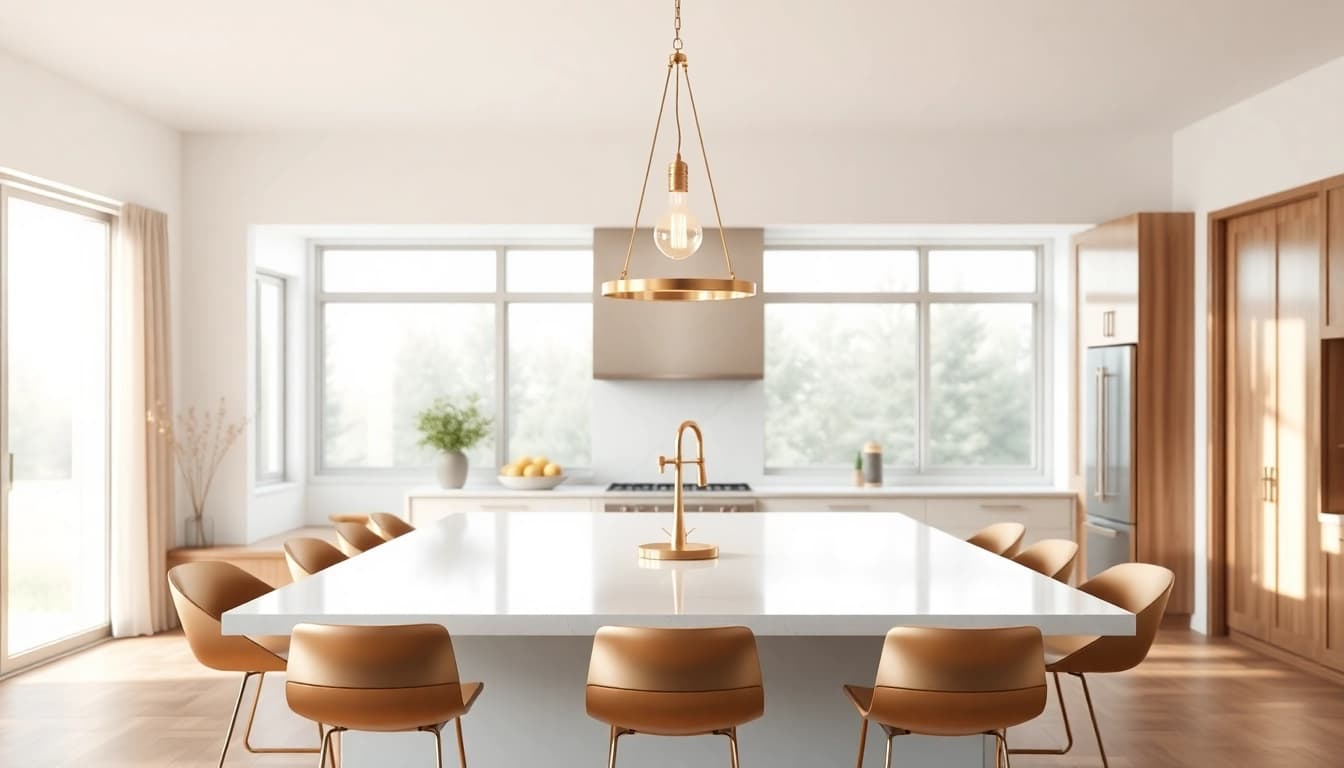 Modern island light fixture illuminating a stylish kitchen space with warm colors.