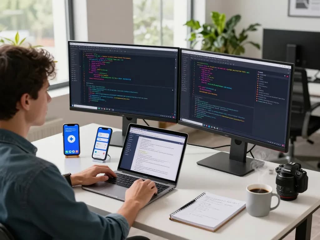 Developer enhancing the open claw personal AI assistant in a modern workspace, showcasing productivity tools and coding.