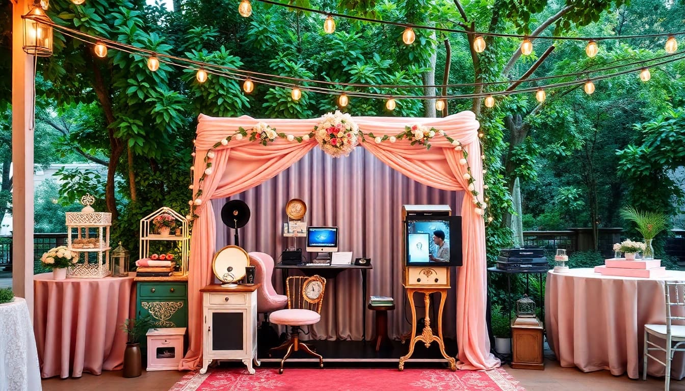 Guests enjoying a photo booth rental with festive props at a vibrant outdoor wedding.