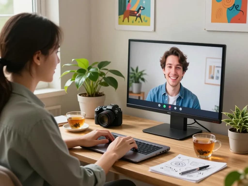 Spicy AI interaction scene showing a user engaging with a virtual avatar in a cozy workspace.