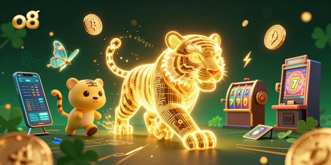 Experience thrilling games at o8's vibrant casino featuring a golden tiger surrounded by crypto elements.