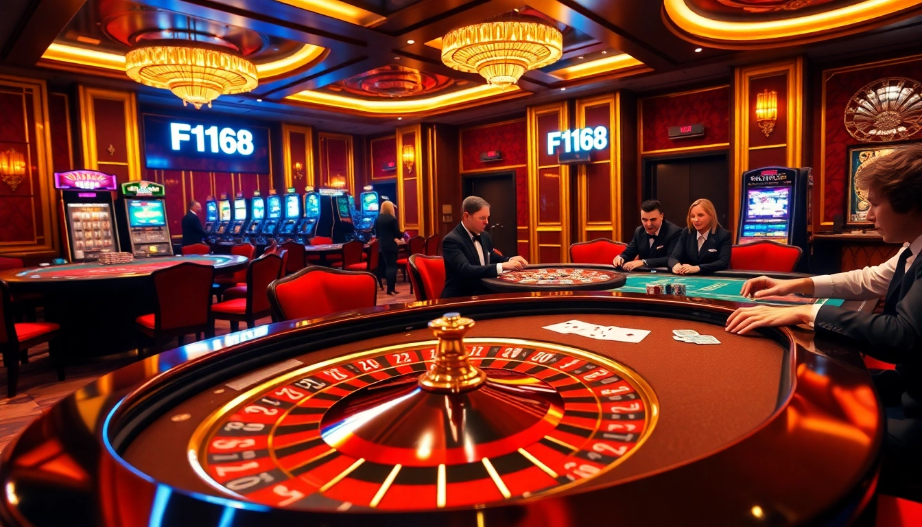Experience thrilling gameplay at F168 casino with poker chips, cards, and roulette table in an elegant setting.