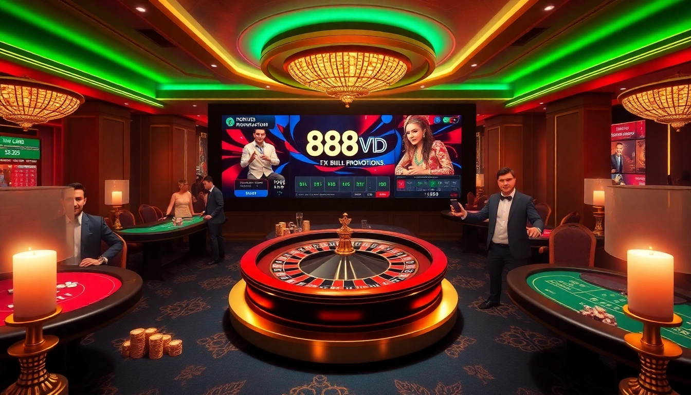 Experience the thrill of gambling with 888VND at a luxurious casino venue, vibrant tables, and exciting gameplay.