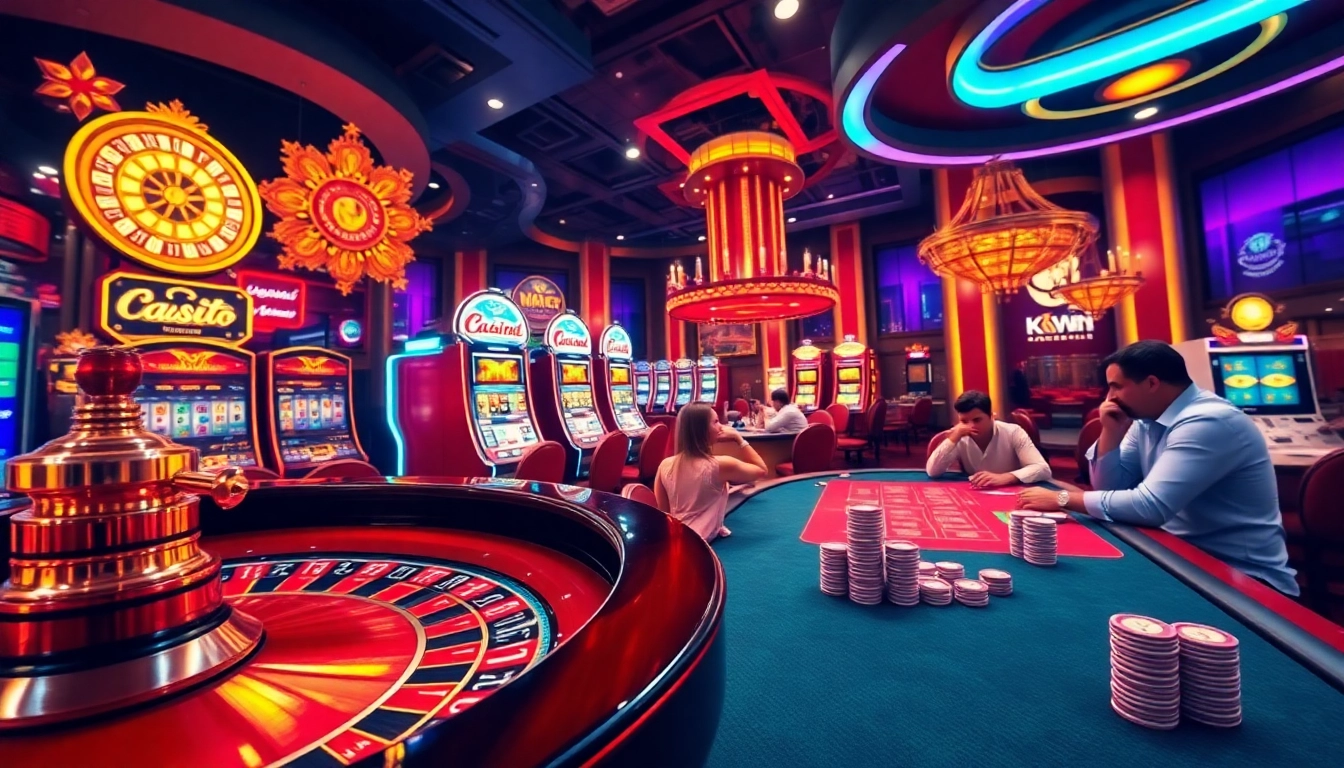 Experience the thrill of kkwin with vibrant slot machines and an elegant roulette table.