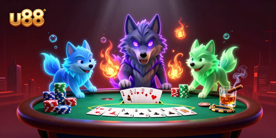 Engage in thrilling poker action at u88 with a shadow wolf pack leader amongst vibrant gaming elements.