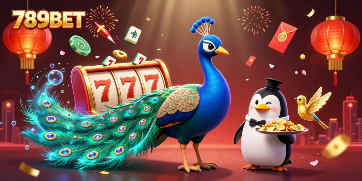 Engage with the vibrant world of 789BET through a captivating 3D casino scene featuring a peacock, penguin butler, and hummingbird.