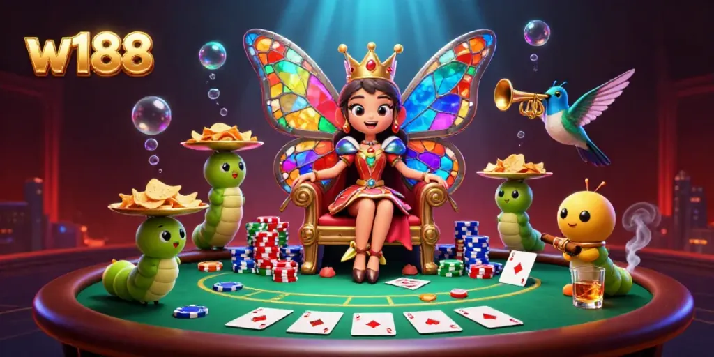 Experience w188's vibrant casino atmosphere with a colorful butterfly queen and poker elements.