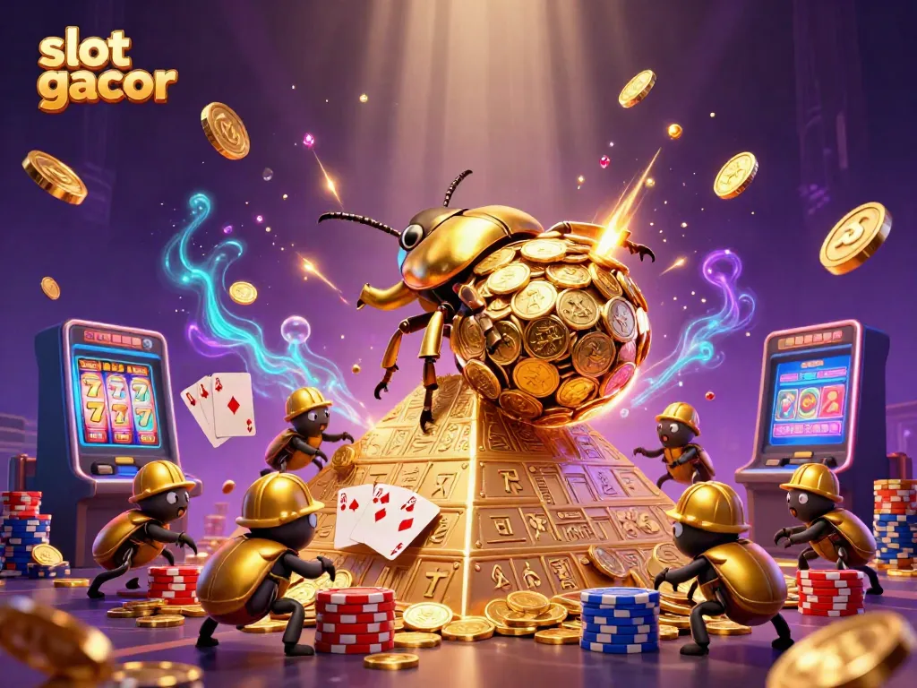 Experience slot gacor action with golden beetles and sparkling coins in a vibrant 3D casino scene.