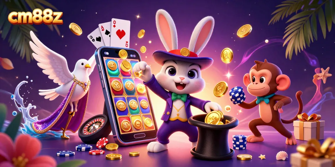 Experience the magic of camb88z as the cartoon magician rabbit pulls coins from a hat, surrounded by casino elements.
